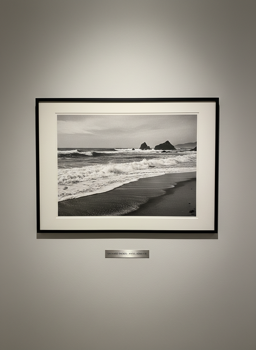 Black and white fine art photograph of ocean waves and shoreline, high contrast, minimalist coastal composition
