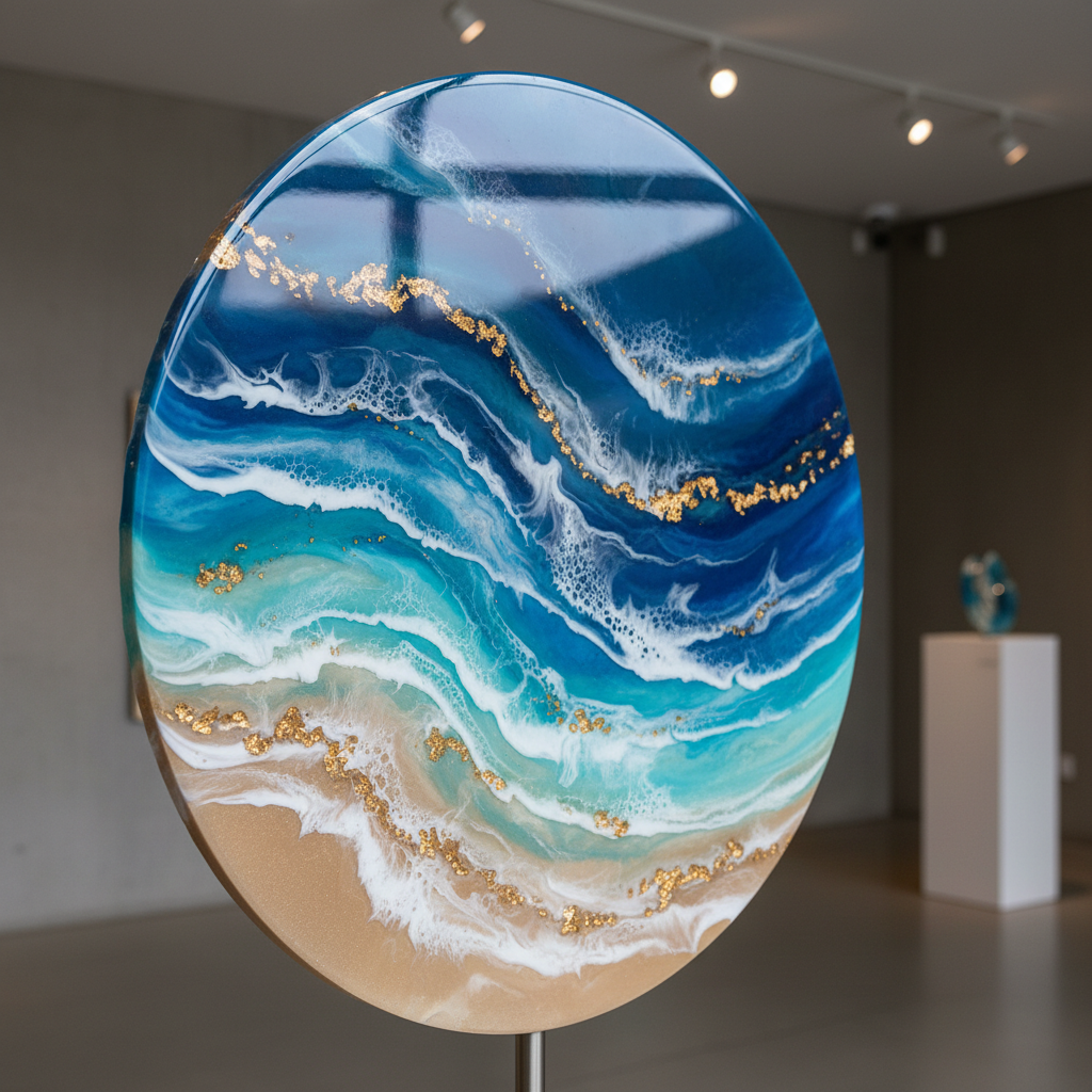 Abstract coastal resin art piece, ocean-inspired blues and creams with subtle warm gold accents, glossy fluid texture