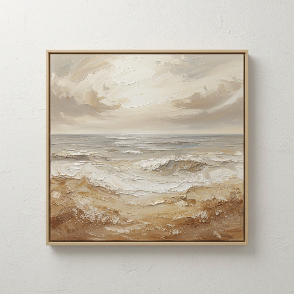 Abstract coastal painting, muted seascape in soft neutrals and warm sand tones, textured brushwork
